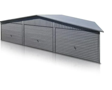 Dreifachgaragen aus Blech 900 x 500 cm Seitengiebel Schwingtor Graphit