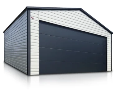 Doppelgarage aus Blech 600 x 580 cm Seitengiebel Sektionaltore Weiss