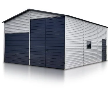 Halle aus Blech 600 x 800 cm Satteldach Doppelflügeltor und Schwingtor Aluminium