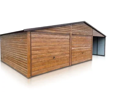 Garagen aus Holz Doppelgarage aus Blech 600 x 500 cm mit 300 cm Carport Satteldach Holzähnliche Goldene Eiche