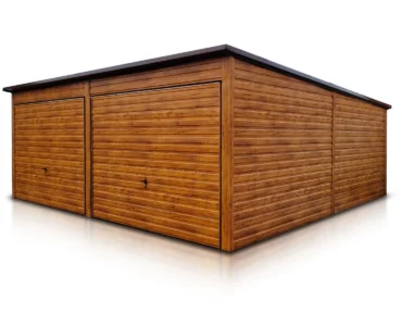 Garagen aus Holz Doppelgarage aus Blech 600 x 600 cm Pultdach Schwingtor Holzoptik