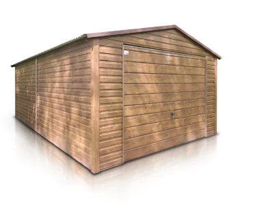 Einzelgarage aus Blech 400 x 600 cm Satteldach Seitengiebel Schwingtor Holzoptik Goldene Eiche