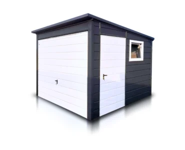 Gerätehaus aus Blech 300 x 300 cm Pultdach Anthrazit mit Seitentür und Fenster