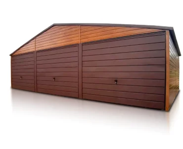 Dreifachgaragen aus Blech 900 x 500 cm Holzoptik Satteldach Schwingtor