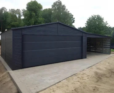 Einzelgarage aus Blech 600 x 580 cm it Carport 4m Holzoptik