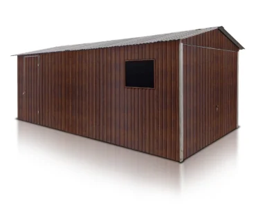 Einzelgarage aus Blech 300 x 500 cm Satteldach Schwingtor Holzoptik