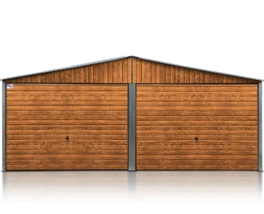 Doppelgaragen Gerätehaus aus Blech 600 x 500 cm Satteldach Holzoptik Goldene Eiche Walnut