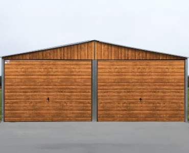 Doppelgaragen Gerätehaus aus Blech 600 x 500 cm Satteldach Holzoptik Goldene Eiche Walnut