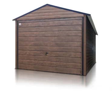 Einzelgarage aus Blech 300 x 400 cm Satteldach Schwingtor Holzoptik