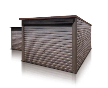 Gerätehaus aus Blech 300 x 500 cm Pultdach Holzoptik Walnuss Dunkel