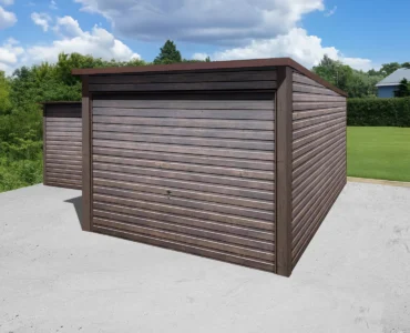 Gerätehaus aus Blech 300 x 500 cm Pultdach Holzoptik Walnuss Dunkel