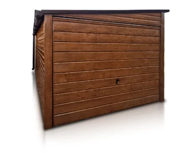 Einzelgarage aus Blech 400 x 500 cm Holzoptik Pultdach Schwingtor