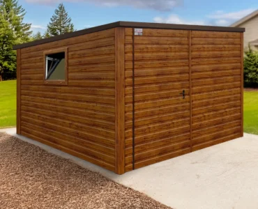 Einzelgarage aus Blech 300 x 300 cm mit Montage Pultdach Holzoptik