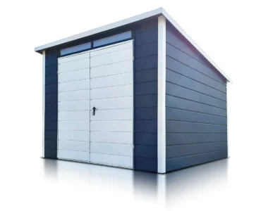 Gerätehaus aus Blech 300 x 300 cm Pultdach Horizontal Graphit mit weissem Tor