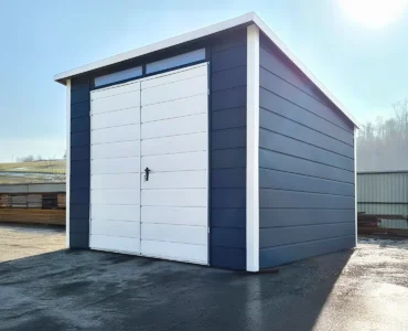 Gerätehaus aus Blech 300 x 300 cm Pultdach Horizontal Graphit mit weissem Tor