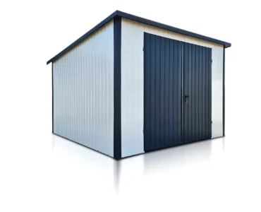 Einzelgarage aus Blech 300 x 300 cm Pultdach Weiss mit Graphit-Schwingtor