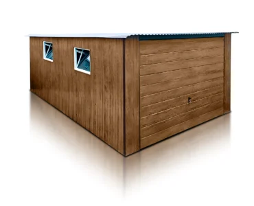 Einzelgarage aus Blech 300 x 500 cm Holzoptik Pultdach Schwingtor