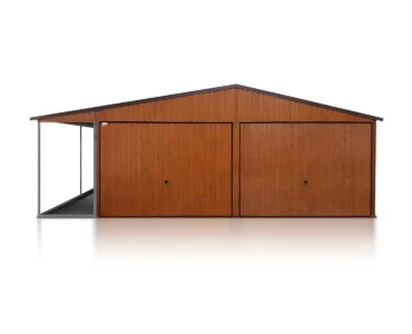 Doppelgaragen Doppelgarage aus Blech 600 x 500 cm Carport 2 m Satteldach Schwingtor Holzoptik