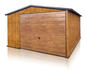 Einzelgarage aus Blech 400 x 500 cm Satteldach Schwingtor Holzoptik