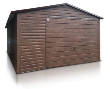 Einzelgarage aus Blech 400 x 600 cm Satteldach Schwingtor Holzoptik Walnuss Dunkel