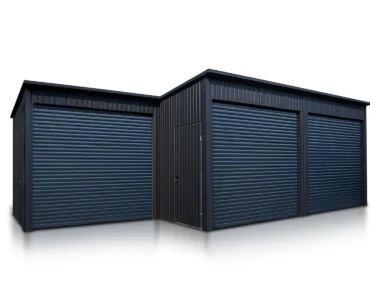 Halle aus Blech 600 x 500 cm Lager Dreifache mit 3x3 m Pultdach Rolltor Graphitfarbe